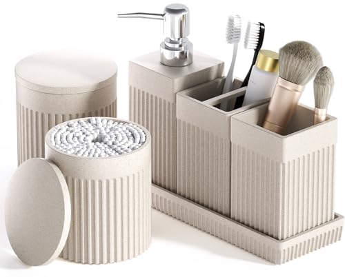 6-Piece Beige Bathroom Set - Sleek Resin Bathroom Accessories Set with Soap Dispenser, Toothbrush Holder, Vanity Tray, Tumbler & Apothecary Jars for Small Spaces - color: Beige
