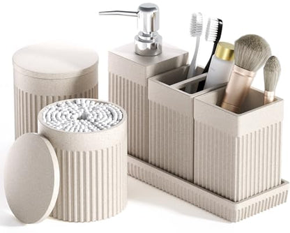 6-Piece Beige Bathroom Set - Sleek Resin Bathroom Accessories Set with Soap Dispenser, Toothbrush Holder, Vanity Tray, Tumbler & Apothecary Jars for Small Spaces - color: Beige