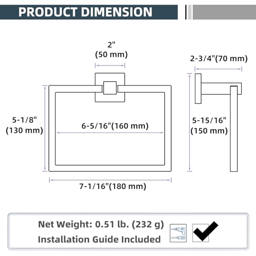 Matte Black Square Towel Holder for Bathroom, 304 Stainless Steel | 180° Rotating Ring for Easy Towel Access, 6.3" Inner Ring, Quiet & Smooth Operation, Easy Drilling Wall Mounted, Modern Style - color: Matte Black