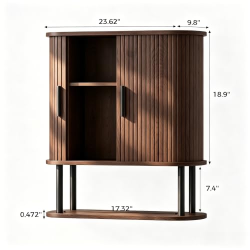 Fluted Bathroom Wall Cabinet, Wall Mounted Medicine Cabinet with Sliding Tambour Door & Adjustable Shelf, 3-Tier Over the Toilet Storage Cabinet for Laundry Room, Kitchen, Walnut - color: Walnut