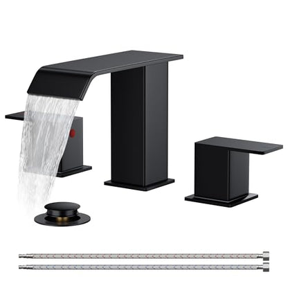 FORIOUS Bathroom Faucet 3 Hole 8" Widespread Sink Faucets Matte Black | 3-hole 4-12 Inch Widespread Sink, Square Waterfall Spout, with Drain and Hoses,for Vanity Rv Commercial Lavatory Restroom - color: Matte Black