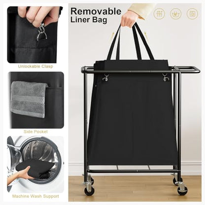 Double Laundry Hamper with Wheels & Lid, 160L Large Rolling Laundry Basket | Chrislley Sturdy Metal Laundry Cart 2 Section with Long Handle and Removable Bags,Dirty Clothes Hamper for Laundry Room,Black - color: Black, size: 160L(27.0"L x 15.4"W x 27.6"H)