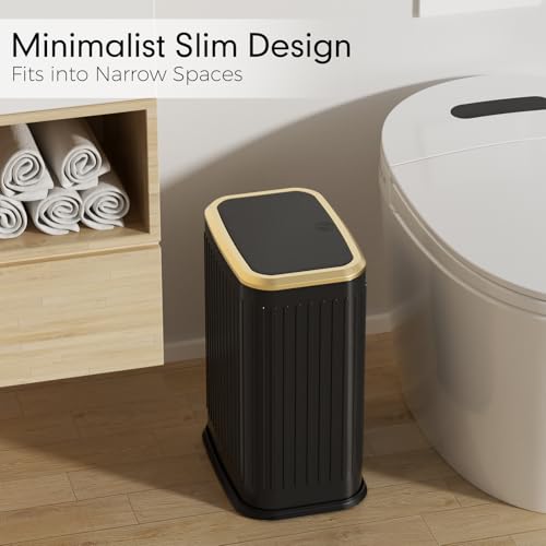 Bathroom Trash Can with Lid 8L/2.1 Gallon Black Trash Can Small Garbage Can with Press Top Lid Slim Stainless Steel Garbage Can with 100 Counts Trash Bags for Bathroom Bedroom Kitchen Office Toilet - color: Black Stripe, size: Press-Top Trash Can