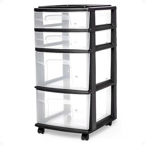 HOMZ Drawer Tower, 4-Tier Clear Plastic Storage Organizer Cart, Black Frame - Rolling Drawers with Wheels for Desk, Dresser, Cabinet, Bedroom, Bathroom, Closet, Classroom, and Office Organization - color: Black, size: 1 Pack