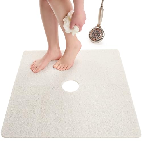 Enkosi Loofah Shower Mat with Drain Hole – Cushioned Anti-Slip Square Bath Mat for Showers, and Bathroom Floors – Textured PVC, Non Slip Safety Pad for Walk-in Stalls and Wet Areas (27x27 White) - color: White, size: 27" x 27" (Square)