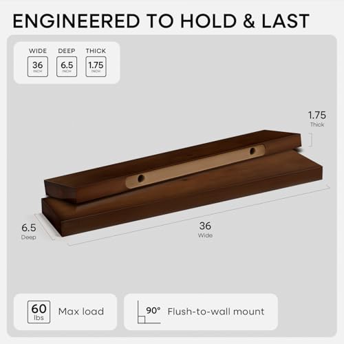 Walnut 36 inch Floating Shelf, High End Solid Real Wood 36inch Large Shelves for Bathroom Wall, Dark Brown 36 inches Long Floating Shelves, Heavy Duty Bracket, 36 X 6.5 X 1.75 inch, Set of 2 - color: American Walnut - Satin Dark Tone, size: 36 inch