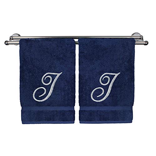 BC BARE COTTON Monogrammed Hand Towel, Navy, 16 x 30 Inches - Set of 2, Extra Absorbent 100% Turkish Cotton, Soft Terry Finish, Personalized Gift - color: Silver on Navy, style: Initial I