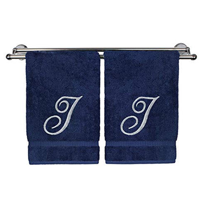BC BARE COTTON Monogrammed Hand Towel, Navy, 16 x 30 Inches - Set of 2, Extra Absorbent 100% Turkish Cotton, Soft Terry Finish, Personalized Gift - color: Silver on Navy, style: Initial I