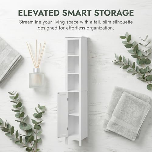 66.9" White Tall Bathroom Storage Cabinet, Slim Freestanding Narrow Linen Tower with 1 Door, Adjustable Shelves, Open Compartments & Anti-Tip Design for Small Spaces, Bathroom, Living Room