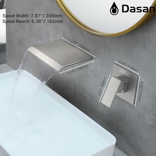 DASAN Wall Mount Waterfall Bathroom Faucet Brushed Nickel in Wall Sink Faucet, Single Handle Wall Mounted Modern Faucet for Bathroom with Upgraded Rough in Valve, DA-TFD3BN-NH - color: Brushed Nickel