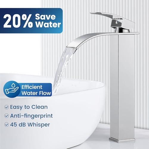 Airuida Vessel Sink Faucet,Chrome Polish Tall Waterfall Bathroom Faucet | Single Handle,Tall Bathroom Faucet 1 Hole,Vanity Faucet,without Drain,Bowl Bathroom Faucet - color: Chrome Polish