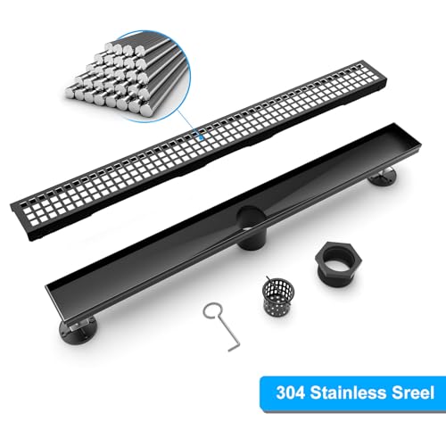 24 Inch Black Linear Shower Drain, Rectangular Shower Floor Drains with Square Hole Cover, 304 Stainless Steel Linear Drain with Leveling Feet, Hair Strainer (Matte Black) - size: 24 Inch