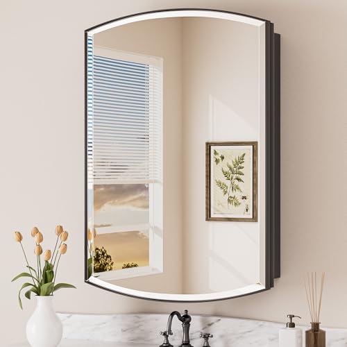 Keonjinn Black Large Medicine Cabinet with Mirror 24" x 36", Metal Framed | Different Curved Frame Design, Adjustable Shelves, Recessed or Wall-Mounted, Mirrored Medicine Cabinets for Bathroom - color: Black, size: 24"W x 36"H