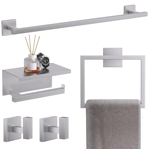 TQKAG 5-Pieces Brushed Nickel Bathroom Hardware Accessories Set 23.6" SUS304 Stainless Steel Towel Bar Set Wall Mounted Square Toilet Paper Holder with Shelf - color: Brushed Nickel, size: 5-Pieces Set-B