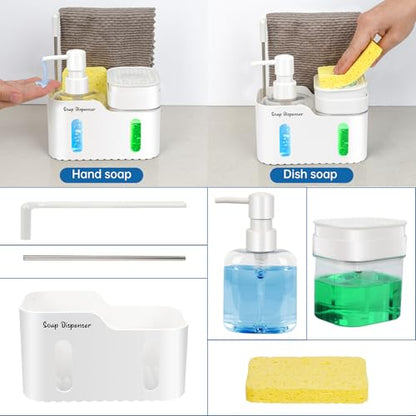 Hand Soap and Dish Soap Dispenser Set for Kitchen, Dual Soap Dispenser with Sponge Holder and Dishcloth Holder 4-in-1 Organizer for Kitchen Sink Countertop, Useful Kitchen Gadgets (White) - color: White