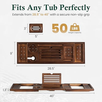 Teak Bathtub Tray Caddy, Adjustable Wood Bath Organizer | Rich Brown Wood Finish, Built-In Wine Glass Holder, Phone Dock & Book Stand, Water-Resistant Seal, Spa Design - color: Classic Brown Teak