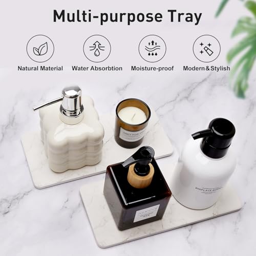 2 Water Absorbing Stone Drying Trays for Bathroom Sink Kitchen Soap Counter | Soap Dish Dispenser Sponge Holder White Ceramic Bathroom Vanity Quick Dry Stone Mat for Kitchen Sink Marble Diatomite Tray - color: White Marble