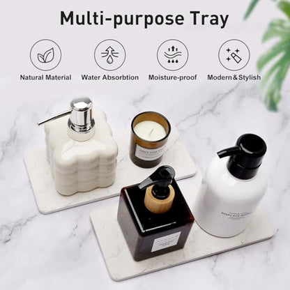 2 Water Absorbing Stone Drying Trays for Bathroom Sink Kitchen Soap Counter | Soap Dish Dispenser Sponge Holder White Ceramic Bathroom Vanity Quick Dry Stone Mat for Kitchen Sink Marble Diatomite Tray - color: White Marble