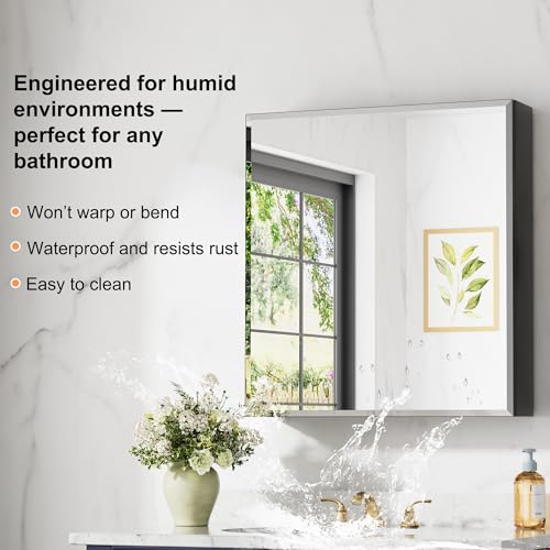 28 x 30 Inch Large Aluminum Medicine Cabinet with Beveled Mirror, Black | Soft-close Hinge, Oversized Beveled Edge Mirrored Door, Recessed or Surface Mount, Adjustable Glass Shelves - size: 28 in. x 30 in.