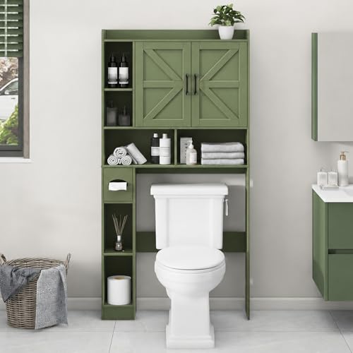 Vabches Over The Toilet Storage Cabinet with 2 Barn Doors, Green | Farmhouse Storage Cabinet with Toilet Paper Holder Stand，Home Space-Saving Toilet Rack, for Bathroom, Restroom, Laundry - color: Green, style: 2 Barn Doors