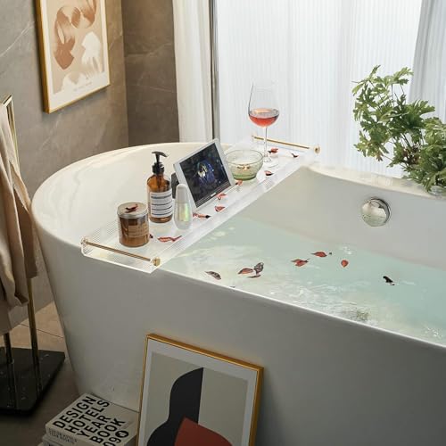 Bathtub Caddy Tray for Luxury Bathroom Bath tub Table Caddy Tray Shelf for Shower with Gold Handles fits All bathtubs - color: Ripple - With Handle