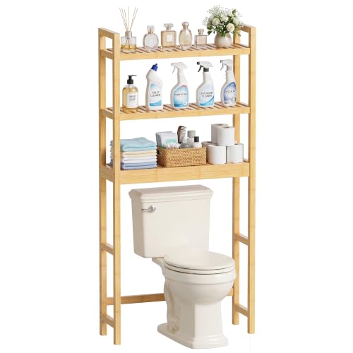 SMIBUY Bathroom Storage Shelf, Bamboo Over-The-Toilet Organizer Rack, Freestanding Toilet Space Saver with 3-Tier Adjustable Shelves (Natural) - color: Natural