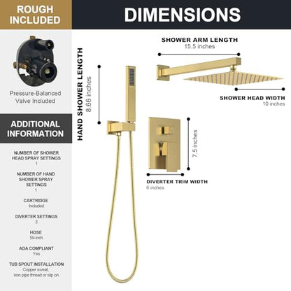 Lava Odoro Modern 2-Setting Square Shower System with Rain Shower Head and Handheld Spray Gold, Rainfall Shower Faucet Set Gold, Shower Valve and Trim Kit, Brushed Gold, SF103-SG - color: Brushed Gold, style: Without Tub Spout