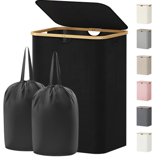 Lifewit 150L Laundry Basket with Lid, Clothes Hampers with Bamboo Handles and 2 Removable Bags, Large Foldable Laundry Hamper for Bedroom, Bathroom, Dorm, Black - color: Black, size: 150L