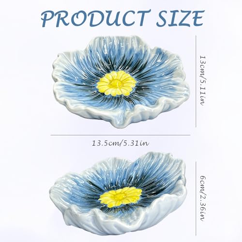 Ceramic Soap Holder with Flower Arrangements, Automatic-Draining Soap Tray for Bathroom Sink & Shower, Small Cute Elegant Glazed Holder, Easy to Clean (Blue) - color: Blue
