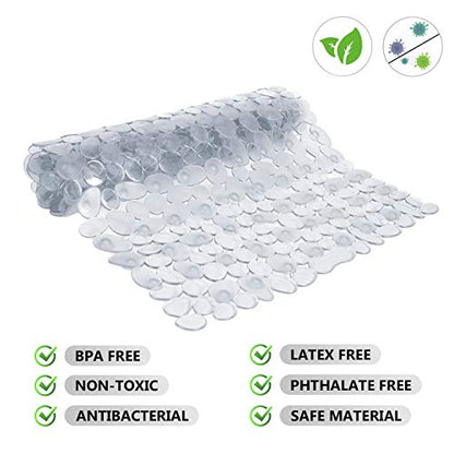 WELTRXE Non Slip Bath Mat Pebbles Bathtub Mat with Suction Cups, Drain Holes for Bathroom Showers, Tub, 35 x 16 Inches Machine Washable Bathroom Mats BPA, Latex Free Safe Shower Mats - Clear - color: Pebbles-clear, size: 35" x 16" (Rectangular)