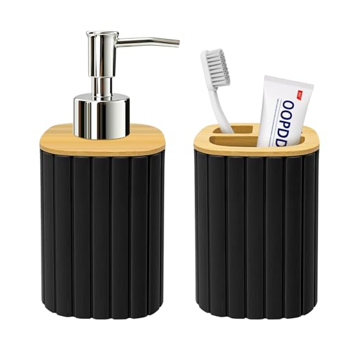 Bathroom Accessories Set, 2PCS Black Soap Dispenser and Toothbrush Holder | Bamboo Bathroom Sets Accessories, Bathroom Set Striped - color: Black