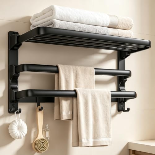 24 Inch Towel Rack for Bathroom, Wall Mounted Shelf with 2 Bars and 7 Hooks, Foldable Double Towel Rod, Space Saving Rustproof Storage Organizer for Bathroom, Hotel and Lavatory, Matte Black