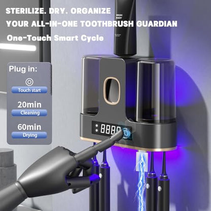 Electric Toothbrush Holders for Bathrooms, Dustproof Smart Toothbrush Holder Wall Mounted - 4 Brush/2 Cup, Auto Toothpaste Dispenser, Hot Air Drying & LCD Display,Toothbrush Cleaner (Gray) - color: Gray