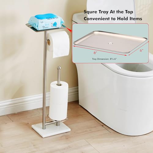 Toilet Paper Holder with Tray at The Top, Sturdy Marble Base No Wobby, Holding Extra 3 Toilet Paper Rolls As Spare Use, Freestanding No Drilling (Brushed Nickel) - color: Brushed Nickel