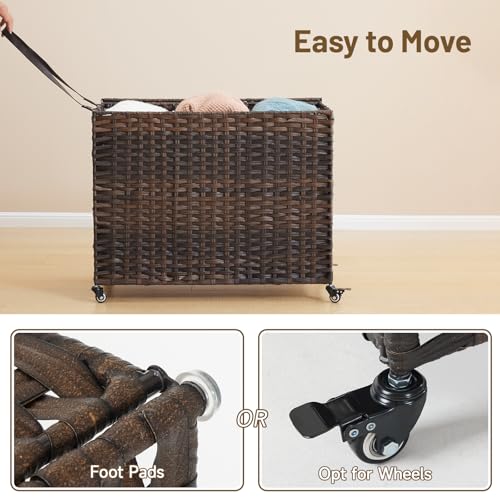 Laundry Hamper with Wheels, 52.8 Gallon(200L) Rolling Laundry Basket with Lid, Removable Large 3 Color Liners & 3 Mesh Laundry Bags, Clothes Hamper with Side Pocket, Brown - color: Brown, size: 31.5"L x 15.75"W x 25.6"H