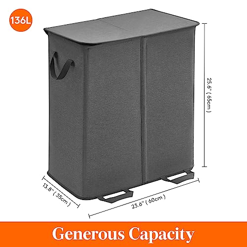 Lifewit Double Laundry Hamper with Lid and Removable Laundry Bags, Large Collapsible 2 Dividers Dirty Clothes Basket with Handles for Bedroom Laundry Room Closet Bathroom College, 136L Black - color: Black, size: 136L