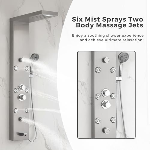 DELAVIN Stainless Steel Shower Tower, 5-Function Shower Panel Tower System | with Rainfall Waterfall Shower Head, Massage Body Jets, Tub Spout, Handheld Shower, Designed for Hotels, Gyms, Spas - style: 8 Body Jets