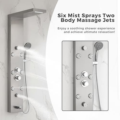 DELAVIN Stainless Steel Shower Tower, 5-Function Shower Panel Tower System | with Rainfall Waterfall Shower Head, Massage Body Jets, Tub Spout, Handheld Shower, Designed for Hotels, Gyms, Spas - style: 8 Body Jets