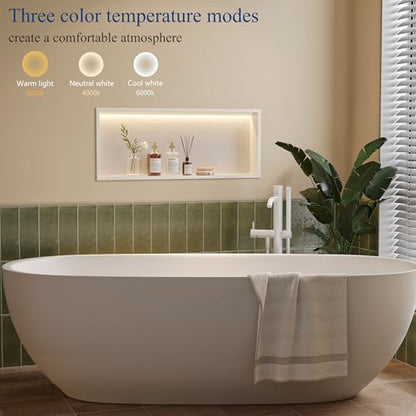 30"x12"White LED Shower Niche,3 CCT Dimmable Light, No Tile Needed | 304 Stainless Steel Bathroom Niche w/ Light(3000K/4000K/6000K), IP66 Waterproof, Space Saving & Durable ,LED Driver Included - color: White, size: 30X12In