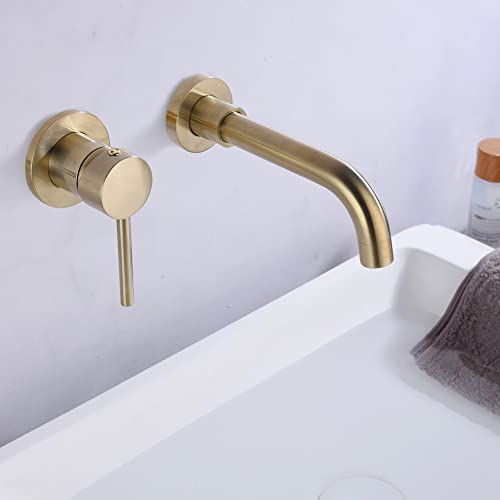 SUMERAIN Wall Mounted Bathroom Sink Faucet, Brushed Gold | 360°Swivel Spout, Lavatory Faucet, Left-Handed Single Handle, Includes Brass Rough-in Valve - color: Brushed Gold, size: Left-Handed