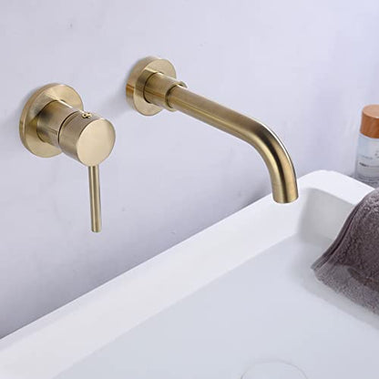 SUMERAIN Wall Mounted Bathroom Sink Faucet, Brushed Gold | 360°Swivel Spout, Lavatory Faucet, Left-Handed Single Handle, Includes Brass Rough-in Valve - color: Brushed Gold, size: Left-Handed