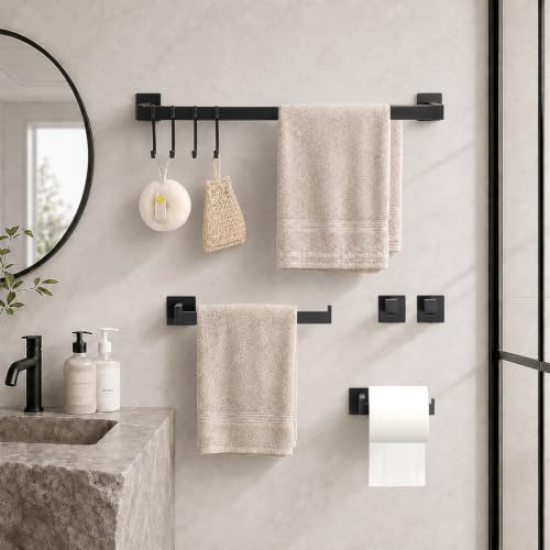 9 Piece Matte Black Bathroom Hardware Set, 24 Inch Double Towel Bar with Removable Hooks, SUS304 Stainless Steel Wall Mounted Heavy Duty Rustproof Accessories for Bathroom Kitchen - color: B-24 Matte Black