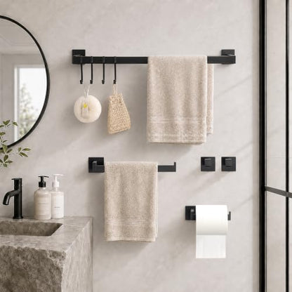 9 Piece Matte Black Bathroom Hardware Set, 24 Inch Double Towel Bar with Removable Hooks, SUS304 Stainless Steel Wall Mounted Heavy Duty Rustproof Accessories for Bathroom Kitchen - color: B-24 Matte Black