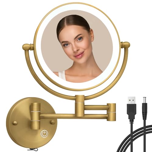Wall Mounted Makeup Mirror with Lights and Magnification, Antique Brass | 8-Inch, Close Vanity, 1X/5X, 2 Sided, 3 Color LED Lighting, Extension Arm, Brushed Finish, Bathroom Arts Ware, USB Charging - color: Brushed Antique Brass