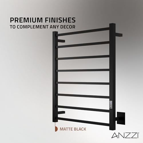 ANZZI Bell 8-Bar Wall Mounted Towel Warmer in Matte Black, Energy Efficient 80W Electric Plug in Heated Towel Rack for Bathroom, Steel Towel Heater Rail On/Off Switch Drying Rack, TW-AZ026MBK - color: Black