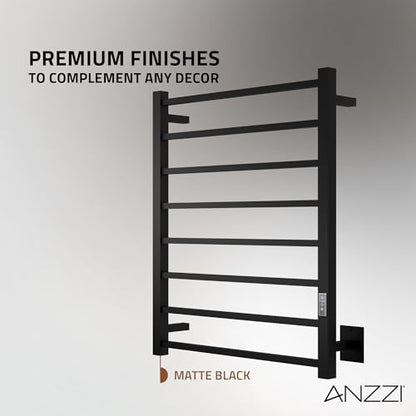 ANZZI Bell 8-Bar Wall Mounted Towel Warmer in Matte Black, Energy Efficient 80W Electric Plug in Heated Towel Rack for Bathroom, Steel Towel Heater Rail On/Off Switch Drying Rack, TW-AZ026MBK - color: Black