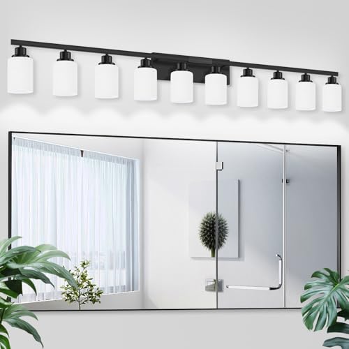10 Light Bathroom Vanity Lights Over Mirror, 65.4 inch Black Vanity Lights Fixtures with White Glass Shades Matte Black Modern Vanity Lights Black Bathroom Wall Lighting for Mirror Bedroom - color: Black, size: 10-Light