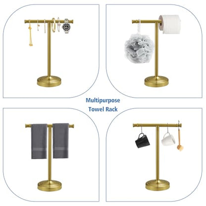 RUMOSE Brushed Gold Hand Towel Holder Stand Countertop Towel Rack | 13 Inch Bathroom Kitchen Vanity T-Shape Towel Stand Free Standing Stainless Steel Towel Bar Towel Ring - color: Brushed Gold