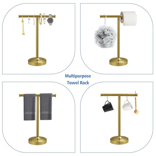 RUMOSE Brushed Gold Hand Towel Holder Stand Countertop Towel Rack | 13 Inch Bathroom Kitchen Vanity T-Shape Towel Stand Free Standing Stainless Steel Towel Bar Towel Ring - color: Brushed Gold