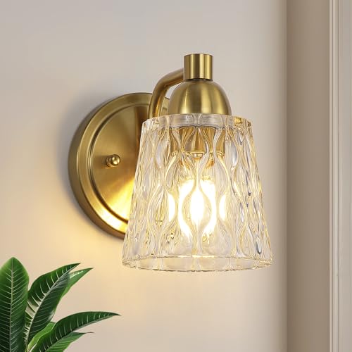 Mecgirn Stainless Steel Bathroom Vanity Light Over Mirror, 1 Light Brushed Gold Bathroom Light Fixtures with Textured Glass Shades, Modern Vanity Lighting Wall Mount - color: Brushed Gold, size: 1 Light